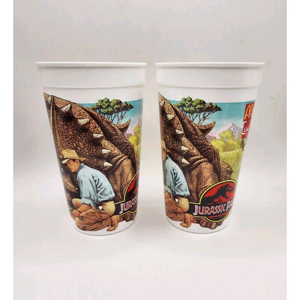 VTG Jurassic Park McDonalds Plastic Movie Promo 2 Dinosaur Cups Triceratops 90s